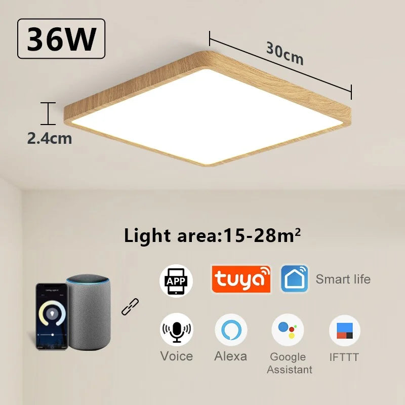 Tuya Smart Ceiling Lamp 36W Wood Grain Square Design LED Ceiling Light With Alexa Google Voice Control For Home