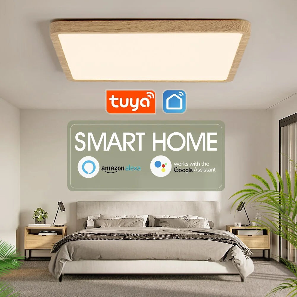 Tuya Smart Ceiling Lamp 36W Wood Grain Square Design LED Ceiling Light With Alexa Google Voice Control For Home