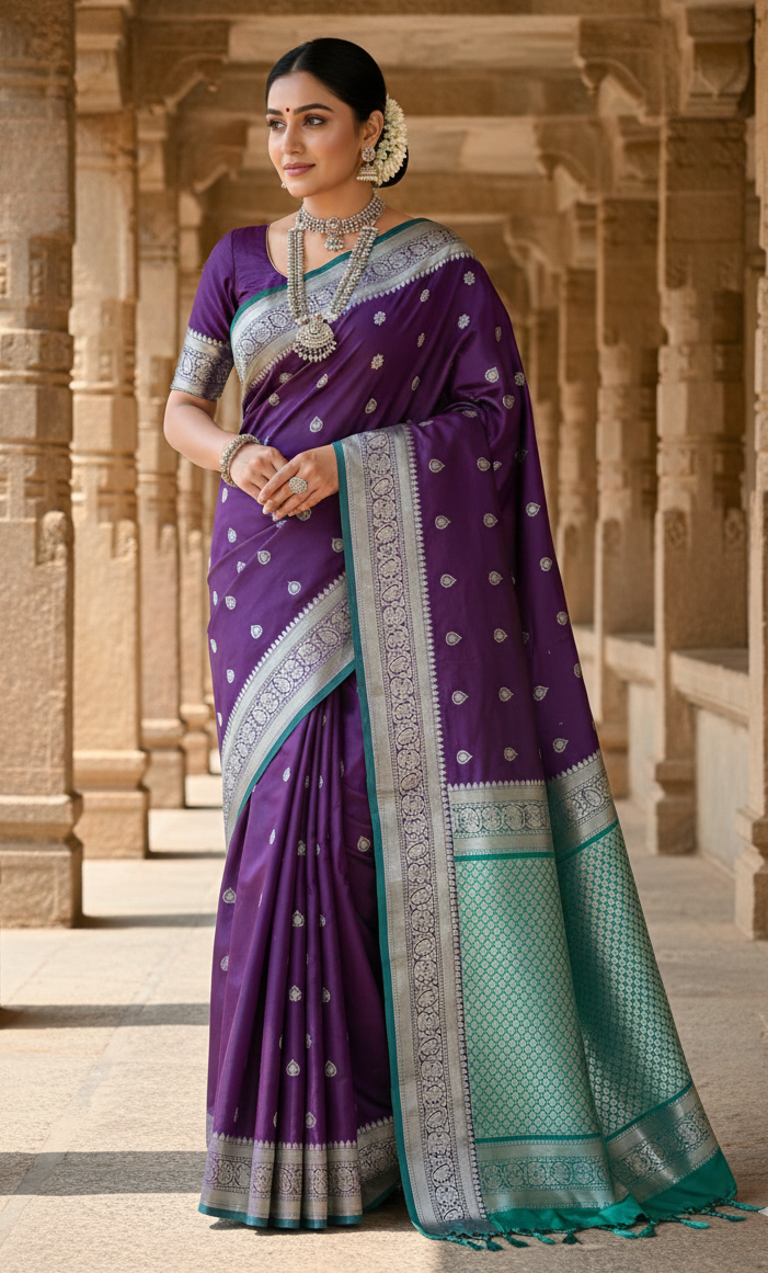 Kanchipuram silver Pattern All Over Buttas Soft Silk Sarees