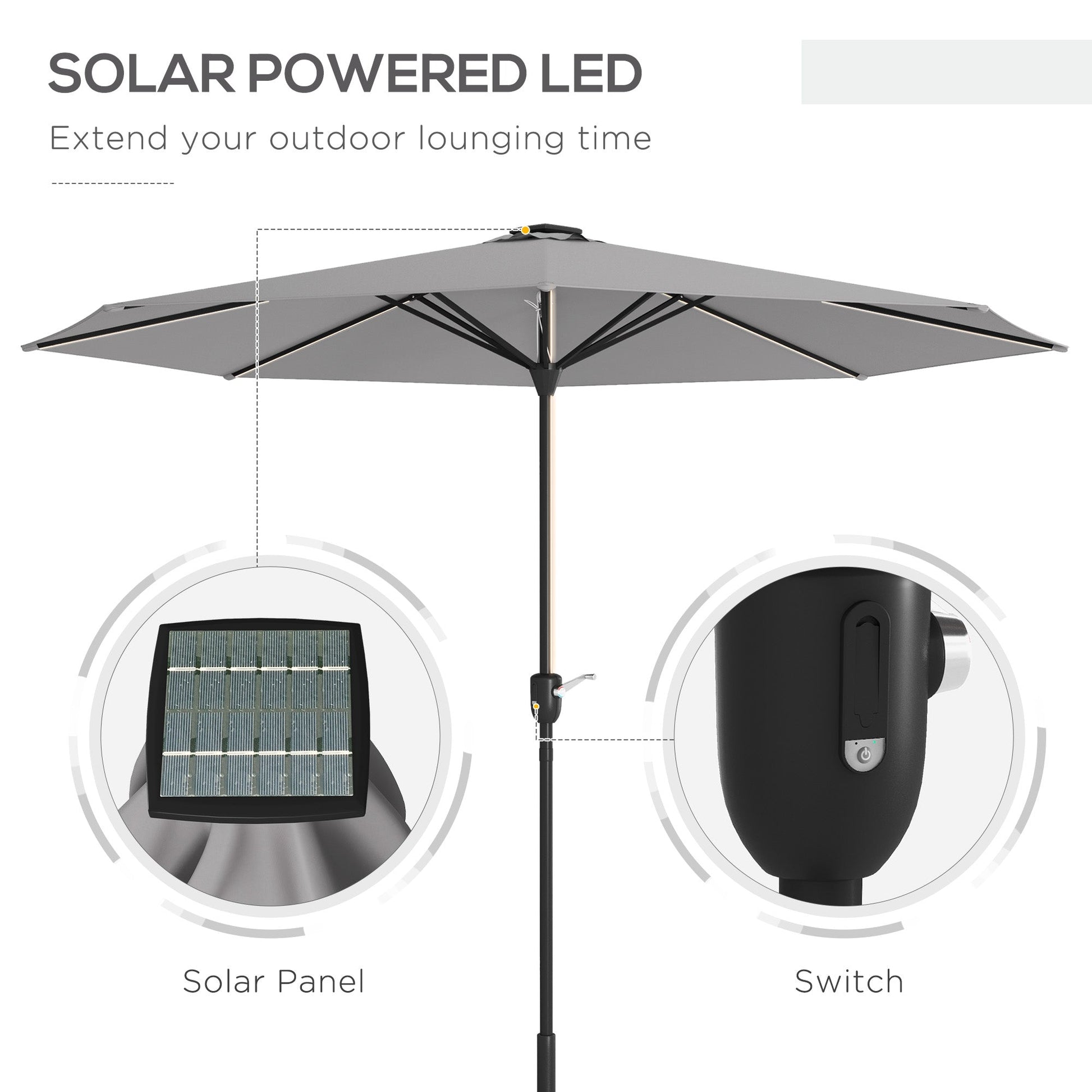 Garden Parasol with LED Lights, Solar Charged Patio Umbrella with Crank Handle, for Outdoor, Light Grey-3