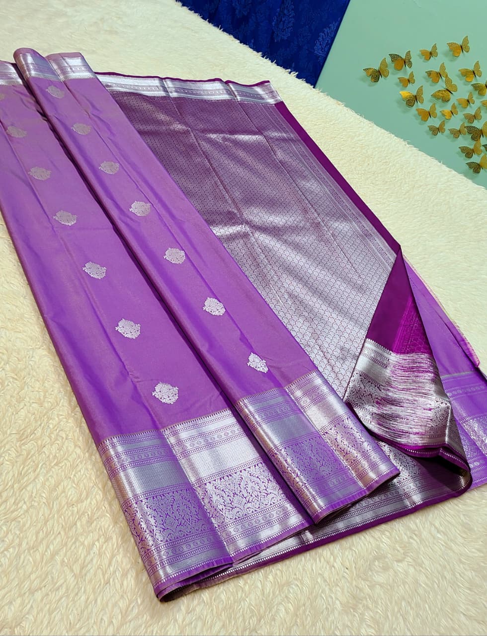 Kanchipuram silver Pattern All Over Buttas Soft Silk Sarees