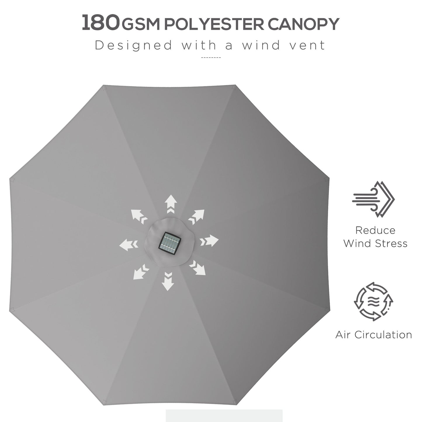 Garden Parasol with LED Lights, Solar Charged Patio Umbrella with Crank Handle, for Outdoor, Light Grey-4